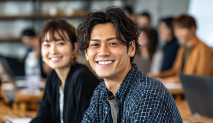Asian man and woman stand together in office area wearing work clothes and smiling to camera, with a soft even light showing indoor workspace with people and desks.