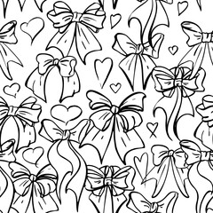 Curled ribbons and graceful vintage bows with doodle heart shapes repeating softly. Hand drawn in ink, seamless vector pattern illustration. Celebration wrapping, love decor, textile background.