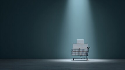 Shopping trolley filled with sale packages under spotlight