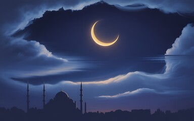 Crescent moon over mosque at peaceful night Vector