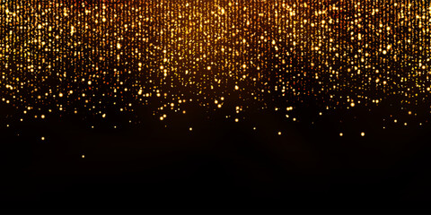 Fototapeta premium Sparkling gold strass curtain bg with glowing effect. Star shower or rain abstract vector pattern. Luxury metallic sequin background. Falling shining particles on black