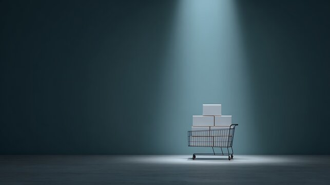 Shopping trolley filled with sale packages under spotlight