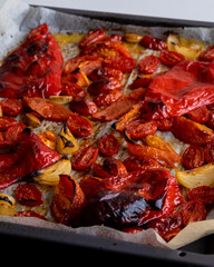 Roasted Tomatoes, Red Bell Pepper, Onion, and Garlic on Tray – Autumn Comfort Food