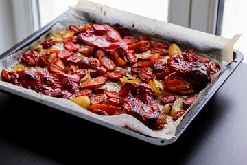 Roasted Tomatoes, Red Bell Pepper, Onion, and Garlic on Tray – Autumn Comfort Food