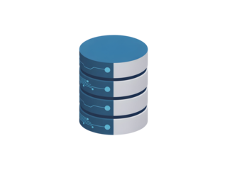 Digital database server icon with blue segments and circuit patterns for data storage isolated on transparent background