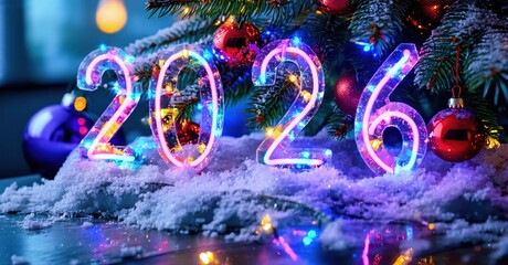 Bright neon numbers spell 2026. Festive decorations, snow, lights create joyful New Year ambiance. Celebratory scene.