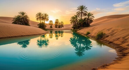 Stunning desert oasis with palm trees and calm turquoise water reflecting the sunset sky.