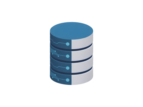 Digital database server icon with blue segments and circuit patterns for data storage isolated on transparent background