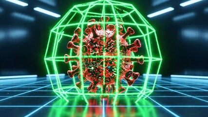 A 3D rendered graphic of a virus surrounded by green lines and particles, digitally constructed