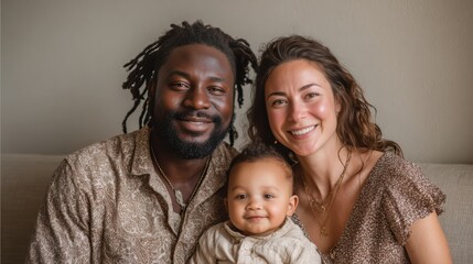 Multiracial Family with Baby Sitting on Contemporary Couch