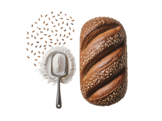 Freshly baked multigrain bread loaf with flour and wheat grains for baking ingredients isolated on transparent background