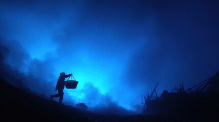 A Miners Silhouette Against the Ethereal Blue Fire of Kawah Ijen Volcano.