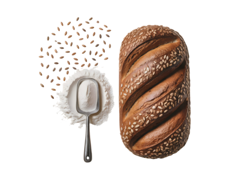Freshly baked multigrain bread loaf with flour and wheat grains for baking ingredients isolated on transparent background - Powered by Adobe
