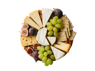 Gourmet cheese board with assorted cheeses grapes figs almonds and crackers isolated on transparent background