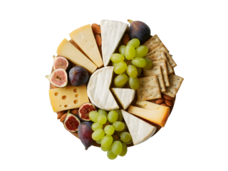 Gourmet cheese board with assorted cheeses grapes figs almonds and crackers isolated on transparent background