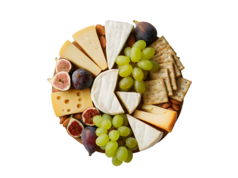 Gourmet cheese board with assorted cheeses grapes figs almonds and crackers isolated on transparent background