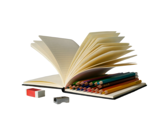 Open notebook with fanned blank pages a stack of vibrant colored pencils eraser and sharpener isolated on transparent background