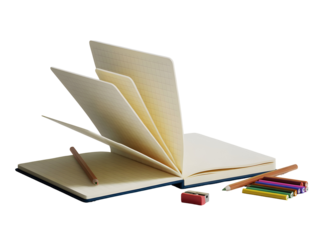 Open notebook with grid paper and writing supplies including pencils and a sharpener isolated on transparent background