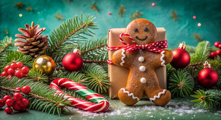  Holiday-themed image featuring a vibrant green background, Christmas gifts, ornaments, and festive decorations creating a cheerful atmosphere 