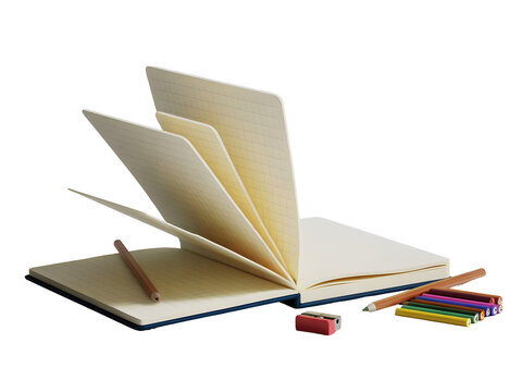 Open notebook with grid paper and writing supplies including pencils and a sharpener isolated on transparent background - Powered by Adobe