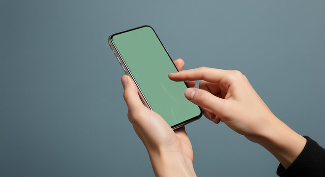 Hands Tapping Green Screen Smartphone Mockup on Blue Background