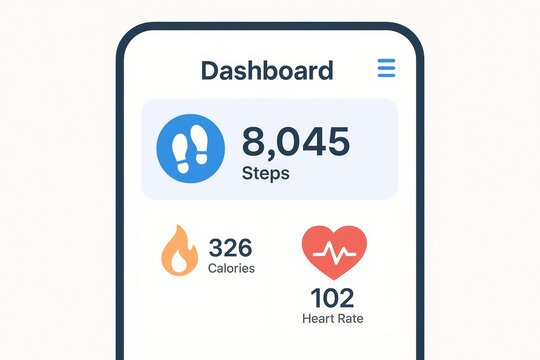 Fitness app dashboard displaying steps, calories burned, and heart rate data