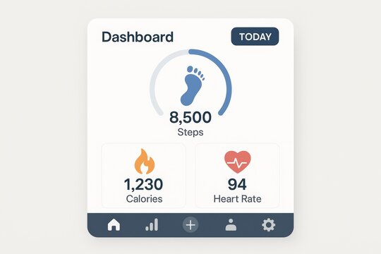 Fitness app dashboard displaying steps, calories, and heart rate data