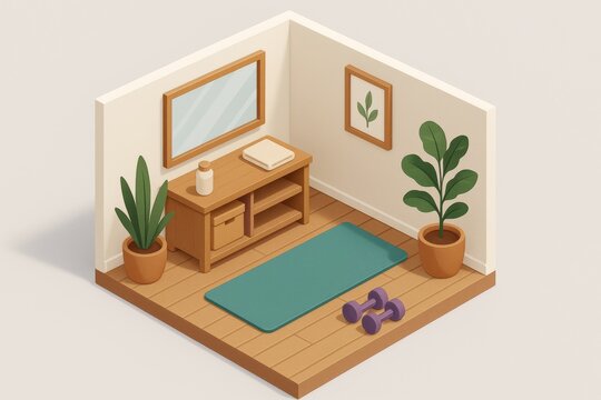 Isometric home gym with yoga mat, dumbbells, and potted plants