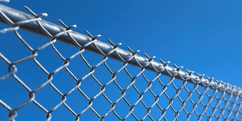 Metal fence stands guard against a vibrant blue sky backdrop, security and boundary are visually conveyed.
