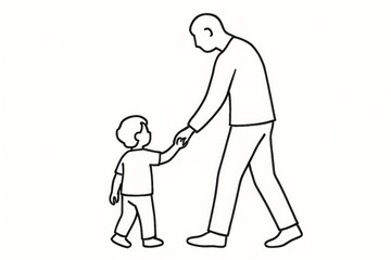 Father and child walking together, holding hands, simple line art illustration