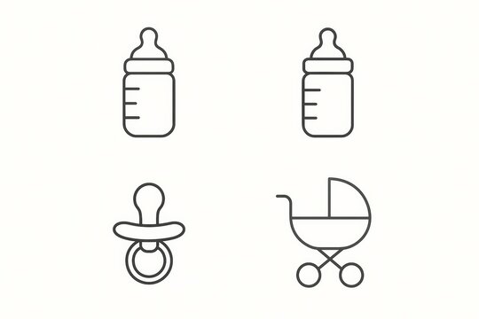 Baby essentials: bottle, pacifier, and stroller icons on a white background - Powered by Adobe