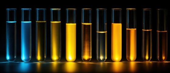 Luminous Spectrum of Chemical Solutions in a Row of Backlit Laboratory Test Tubes.