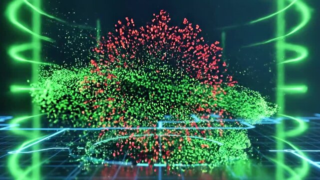 Digital illustration of a virus within a glowing green framework, science concept