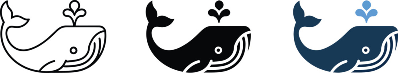 Minimalist whale icon set ocean mammal aquatic animal with spouting water from blowhole collection