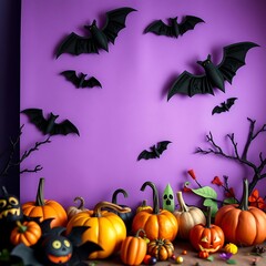 Vivid purple side view backdrop featuring black bats, mini pumpkins, and colorful paper crafts. Ideal for Halloween themes, festive atmospheres, and spooky celebrations with vibrant eerie decorations 