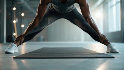 Athlete performing a stretch on a yoga mat in a well-lit studio, focusing on flexibility and fitness.