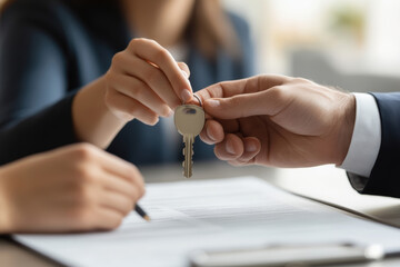 Key handover during real estate transaction at office desk