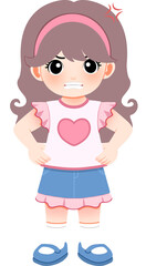 Cute cartoon girl character with an angry facial expression, hands on hips, feeling upset and frustrated. Isolated vector graphic of a displeased child