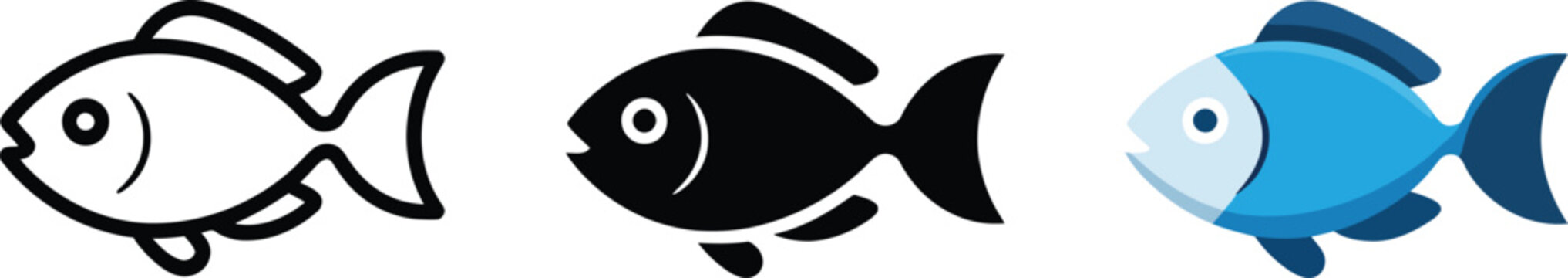 Outline simple fish icon black and white drawing for seafood or aquarium sign