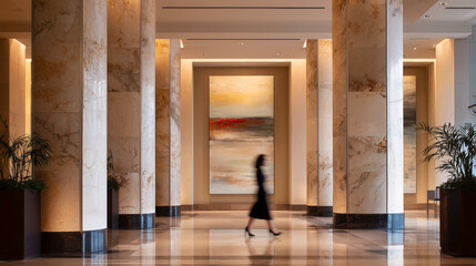 interior of a hotel lobby, luxury hotel room, luxury corporate lobby with abstract art