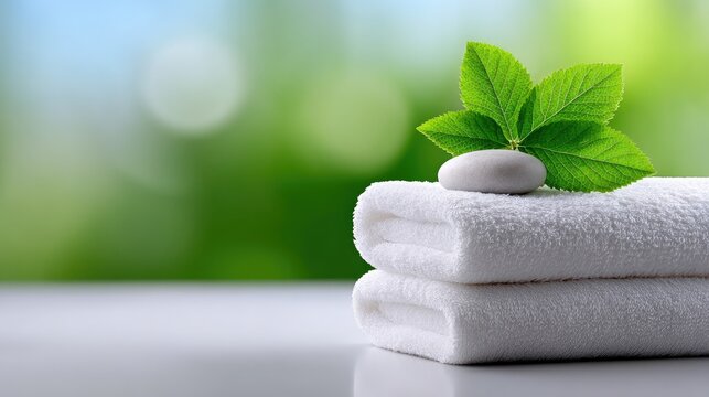 Close-up of a stack of white spa towels with a stone and green leaves on top, set against a blurred green background. The image evokes a sense of relaxation and