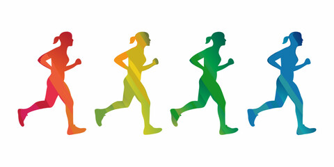 Naklejka premium Colorful running woman silhouettes in a row on white background