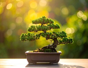 Miniature tree in a rectangular pot with bokeh background