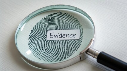 Fingerprint magnified with evidence label on glass surface