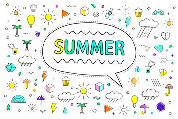 Colorful summer doodles and hand drawn elements with the word summer featured