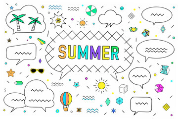 Colorful summer doodles featuring palm trees sun clouds and the word summer