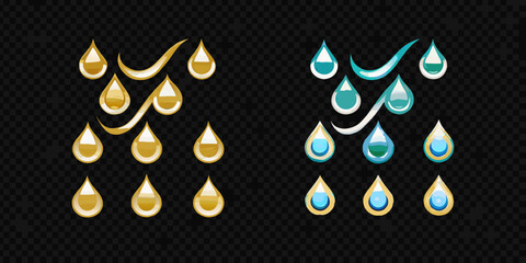 Golden oil and blue water drops isolated on transparent background