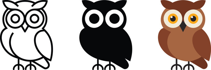 Simple line art graphic of a standing owl with large eyes and feathers nocturnal bird vector illustration element