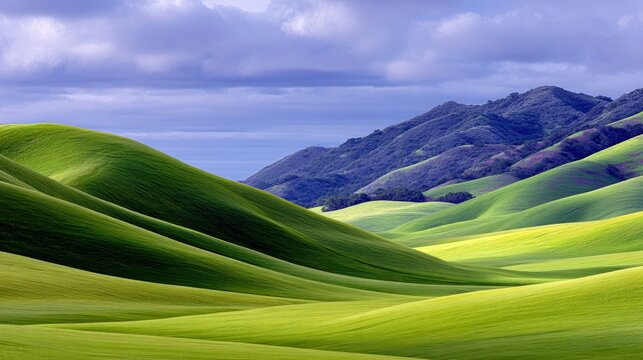 Scenic landscape of rolling green hills with a mountain range in the background under a cloudy sky. - Powered by Adobe