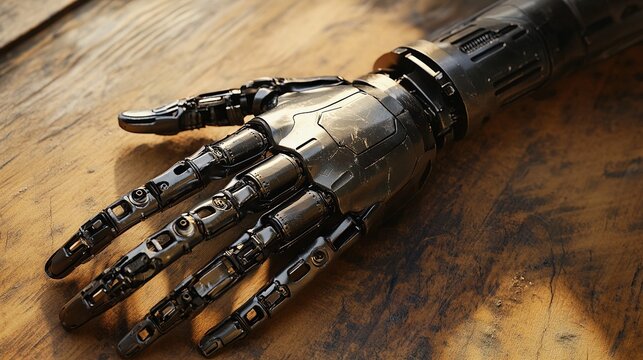 Metallic Robotic Hand Resting: A futuristic mechanical appendage displaying intricate design on rustic wood surface.